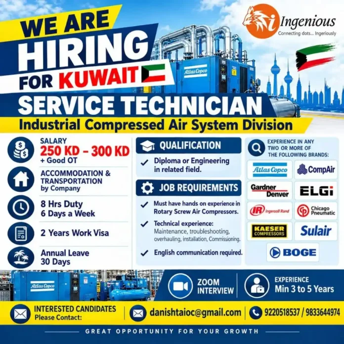 Atlas Copco Service Technician job in Kuwait for Industrial Compressed Air Systems