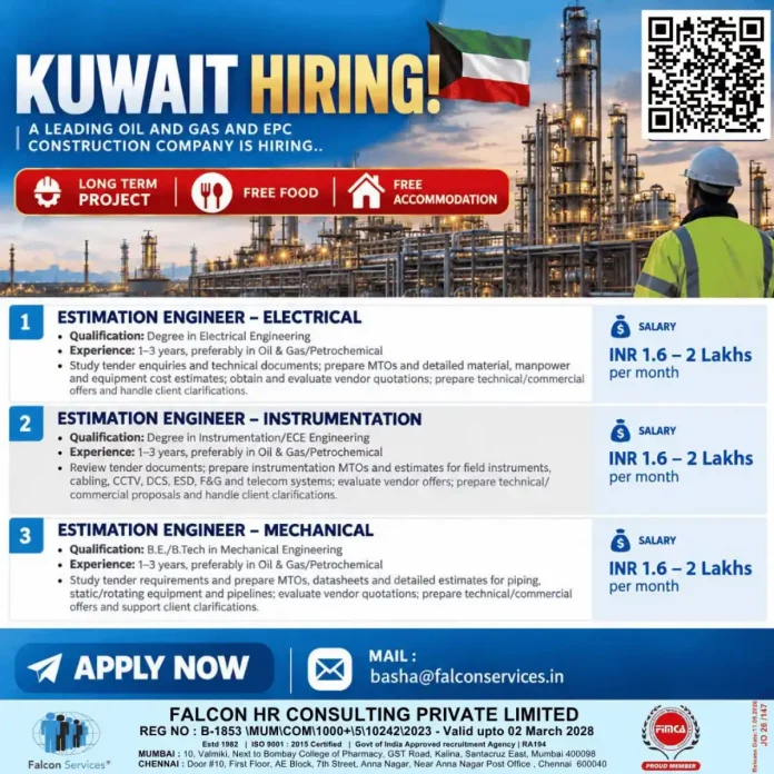 Estimation Engineer jobs in Kuwait for Electrical, Instrumentation and Mechanical engineers in Oil & Gas EPC construction