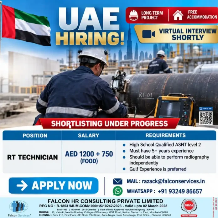 RT Technician job in UAE with free accommodation by Falcon Services