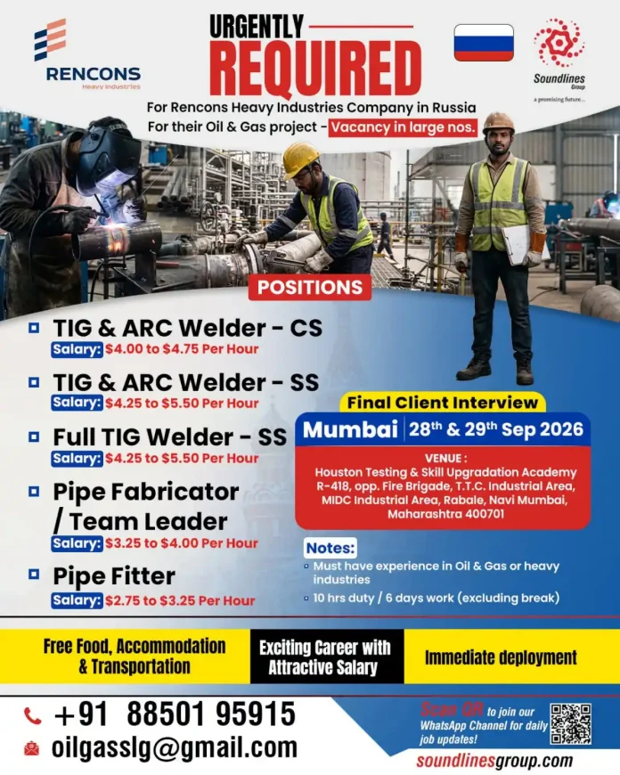 TIG and ARC Welder Jobs at Rencons Heavy Industries in Russia - Soundlines Group interview in Navi Mumbai