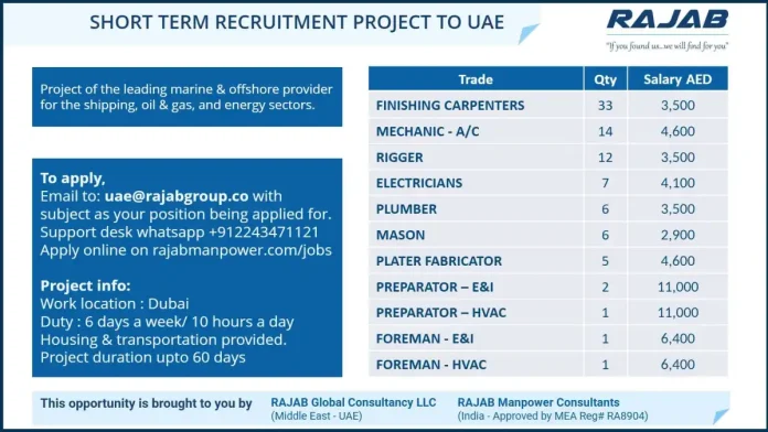 Rajab UAE short term jobs in Dubai for marine and offshore project