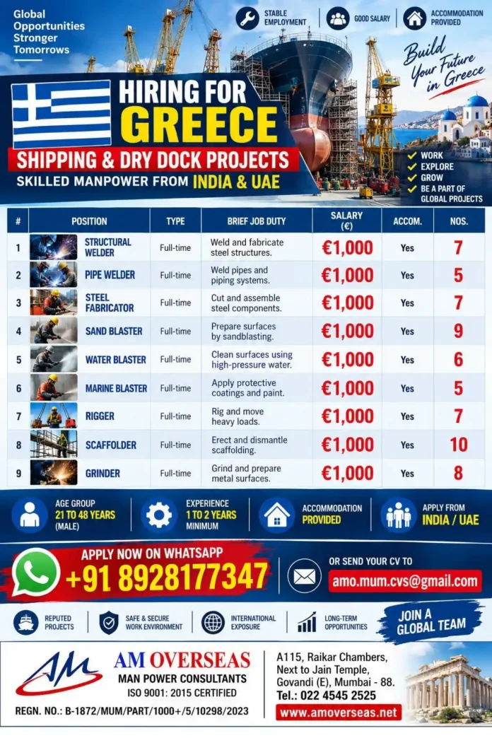 AM Overseas hiring skilled manpower for Shipping and Dry Dock projects in Greece
