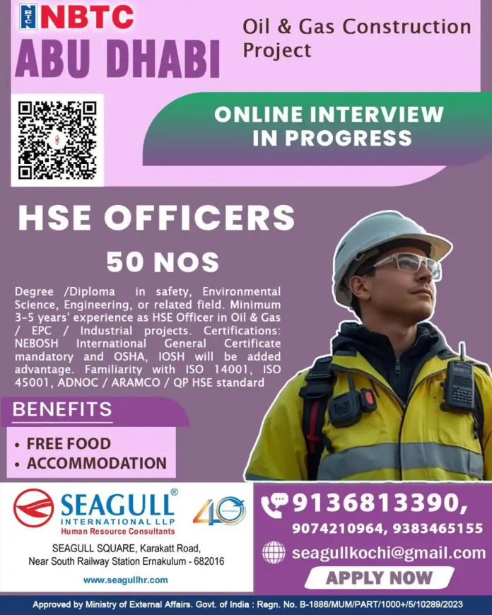 HSE Officers recruitment for NBTC Oil & Gas Construction Abu Dhabi project