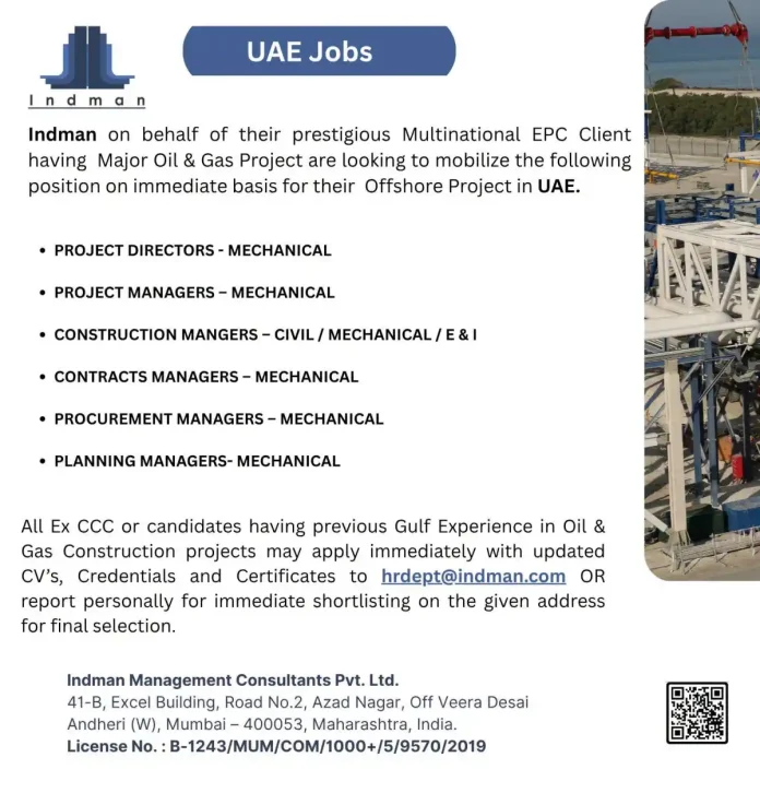 UAE Offshore Oil and Gas Jobs - Indman Hiring Project Directors Managers Construction Contracts Procurement Planning