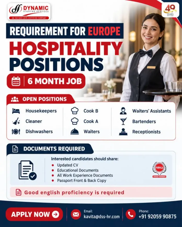 Hospitality jobs in Europe with Dynamic Staffing Services - 6 month contract