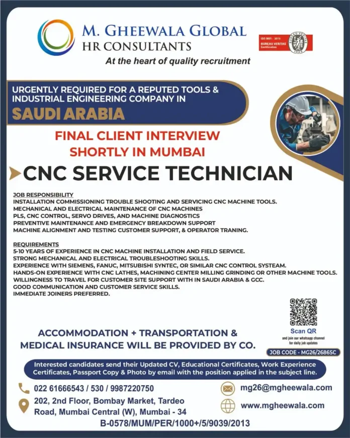 CNC Service Technician Job in Saudi Arabia - M. Gheewala Global