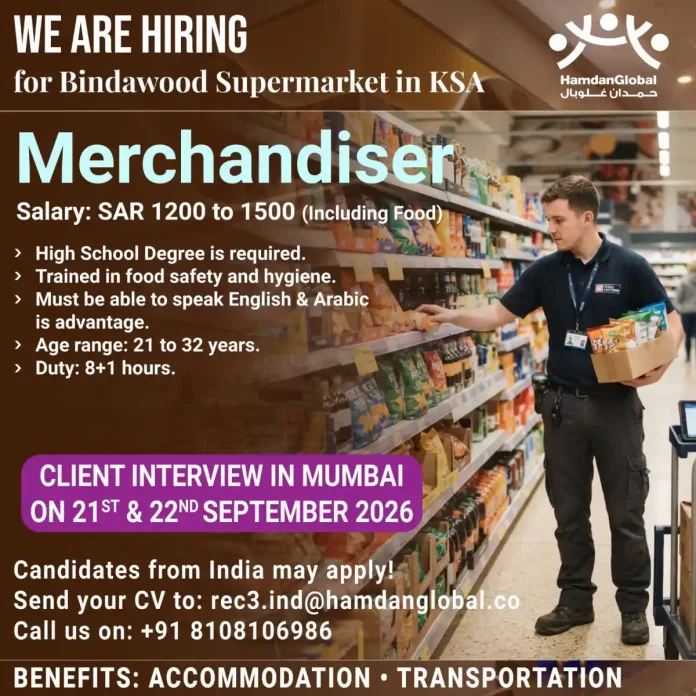 Merchandiser job at Bindawood Supermarket KSA with HamdanGlobal interview in Mumbai