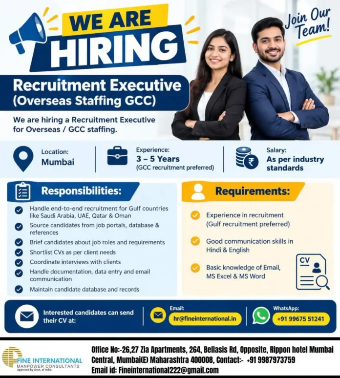 Recruitment Executive Overseas Staffing GCC job vacancy in Mumbai