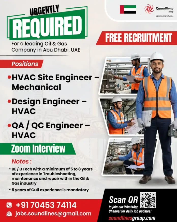 HVAC Engineers required for Oil & Gas company in Abu Dhabi UAE