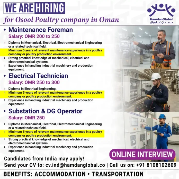 Osool Poultry jobs in Oman for Maintenance Foreman, Electrical Technician and Substation DG Operator