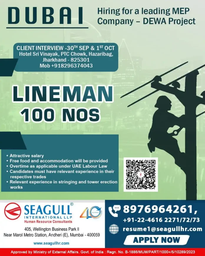 Lineman jobs in Dubai for DEWA Project with leading MEP company