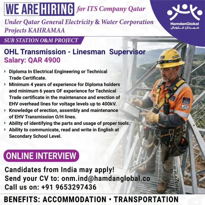 OHL Transmission Linesman Supervisor job in Qatar KAHRAMAA project
