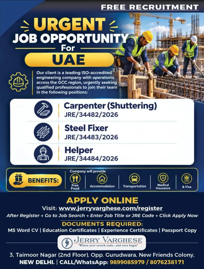 UAE engineering company recruitment for Carpenter Steel Fixer Helper