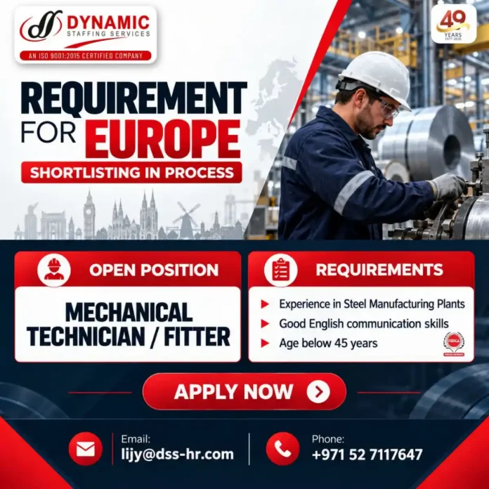 Mechanical Technician Fitter working in a steel manufacturing plant in Europe