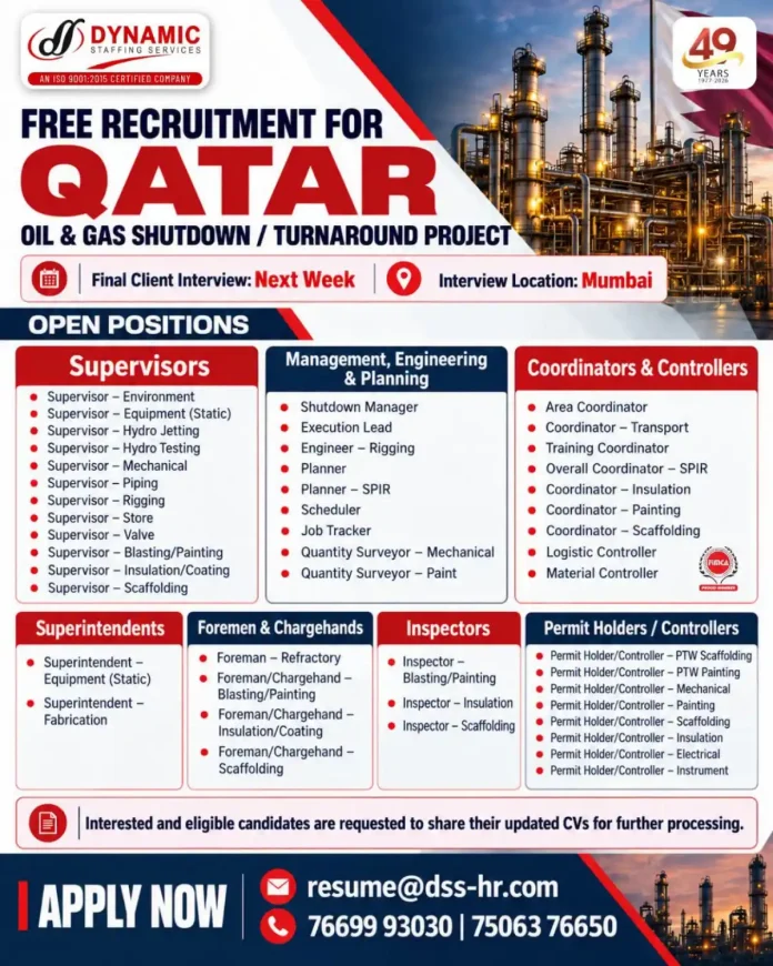 Qatar Oil and Gas Shutdown Turnaround Jobs Free Recruitment Interview Mumbai
