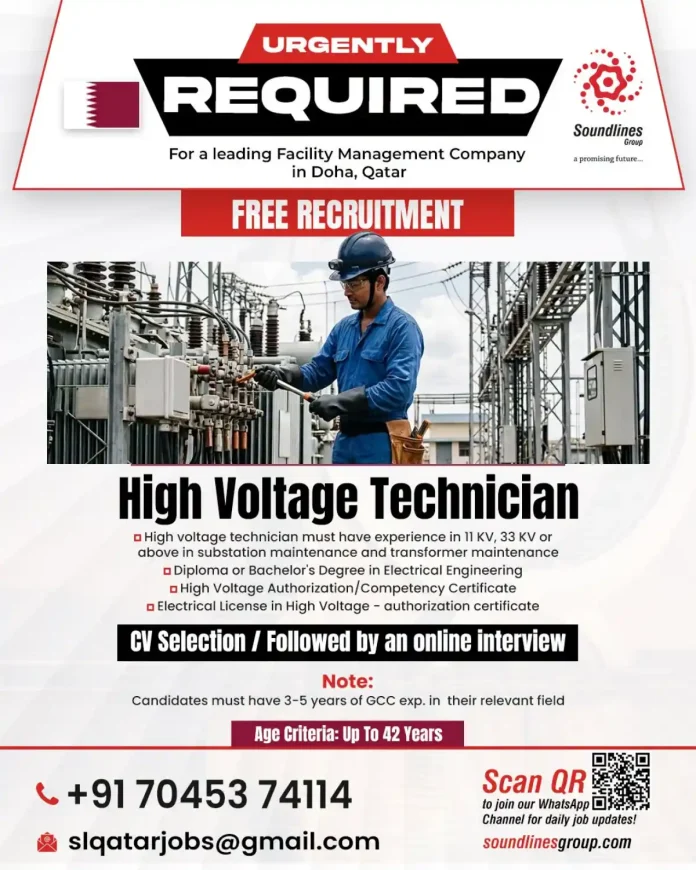 High Voltage Technician job vacancy in Doha Qatar with Soundlines Group