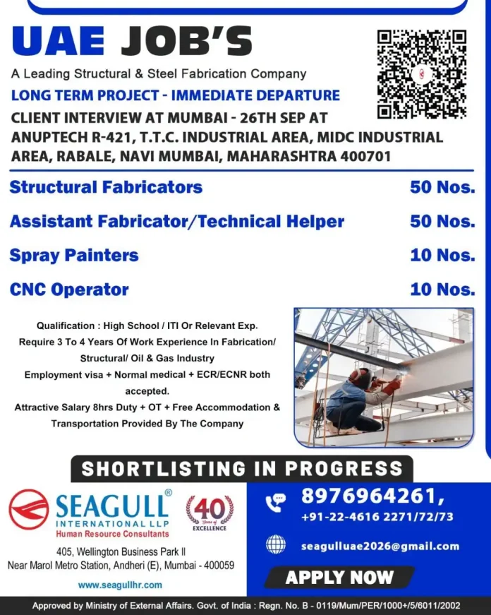 UAE structural fabrication jobs interview in Mumbai for fabricators, helpers, spray painters, CNC operators