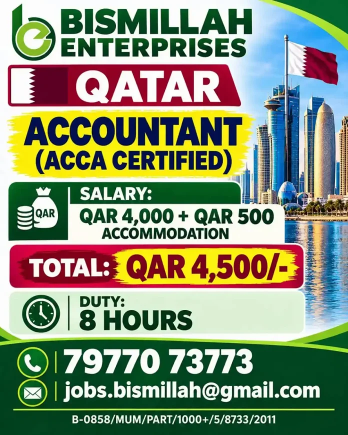 Accountant ACCA Certified job vacancy in Qatar at Bismillah Enterprises