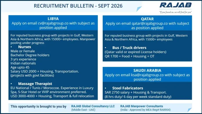 RAJAB Group recruitment 2026 jobs in Libya Qatar Saudi Arabia for nurses massage therapists drivers and steel fabricators