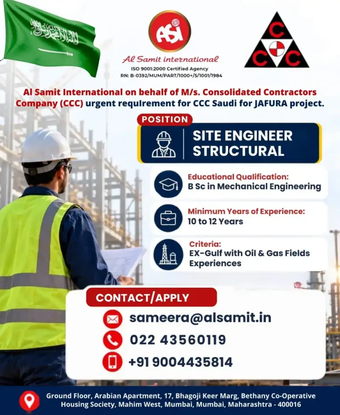 Site Engineer Structural job at CCC Saudi JAFURA project via Al Samit International