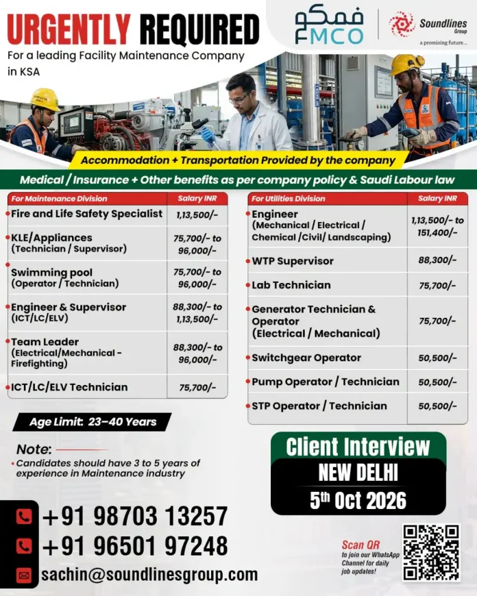 Facility Maintenance Jobs in Saudi Arabia - FMCO Soundlines Group Interview in New Delhi