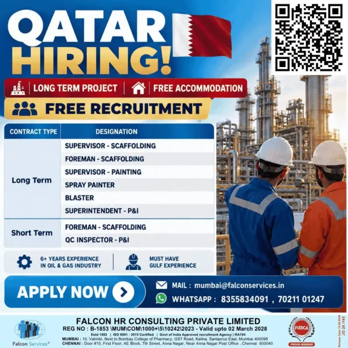 Qatar oil and gas jobs 2026 for scaffolding, painting, blasting, and P&I roles by Falcon Services