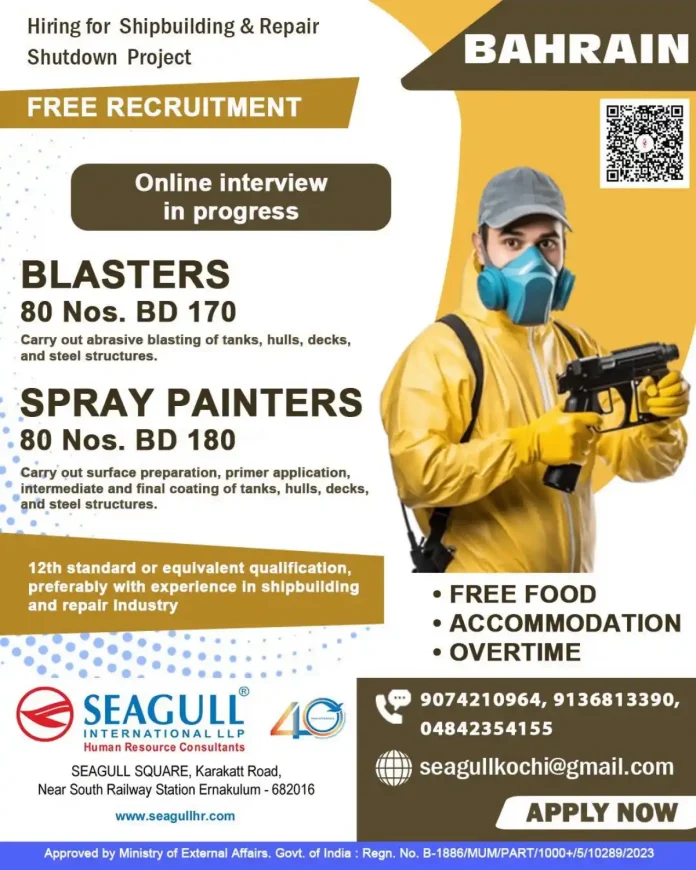 Blasters and Spray Painters job vacancy in Bahrain for shipbuilding and repair shutdown project