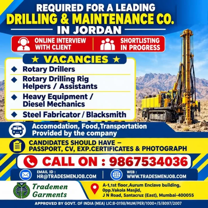 Drilling and maintenance jobs in Jordan for rotary drillers, rig helpers, diesel mechanics, and steel fabricators