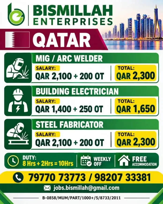Bismillah Enterprises Qatar job vacancies for MIG/ARC Welder, Building Electrician and Steel Fabricator
