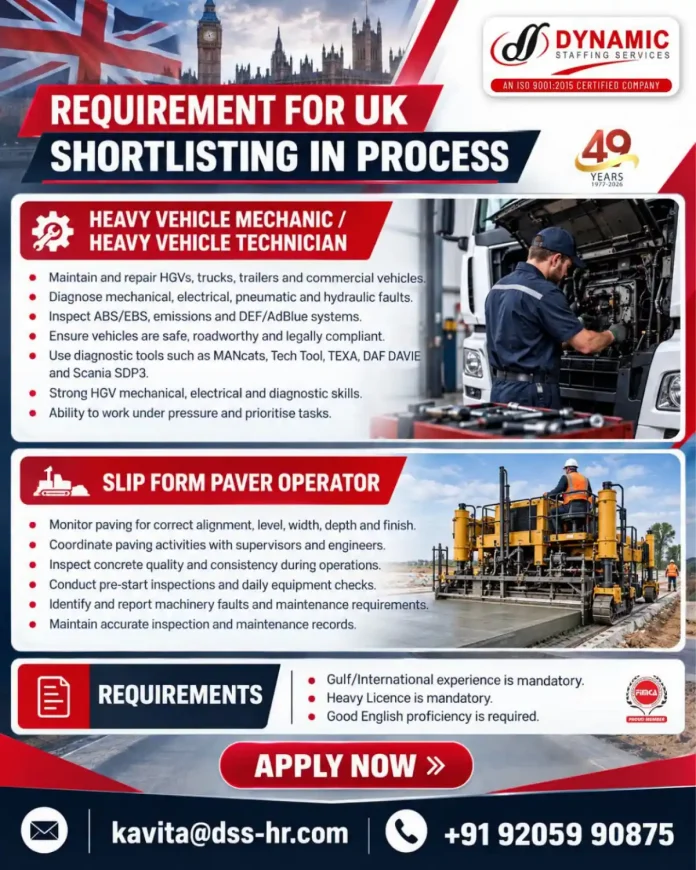 Heavy Vehicle Mechanic and Slip Form Paver Operator jobs in UK with Dynamic Staffing Services