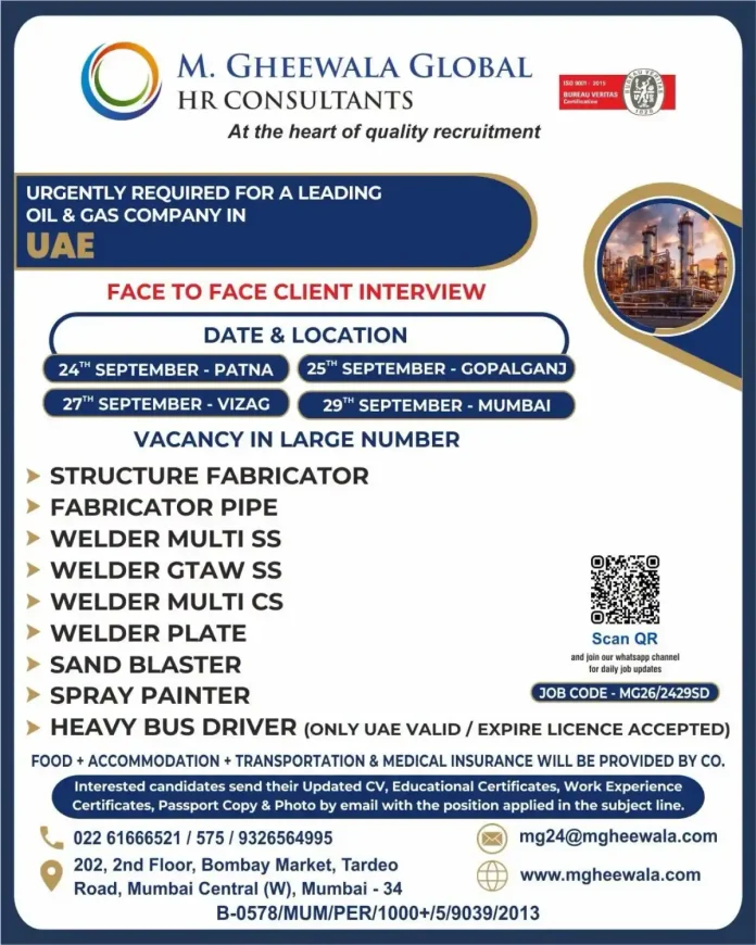 M. Gheewala Global HR Consultants oil and gas jobs in UAE interview schedule