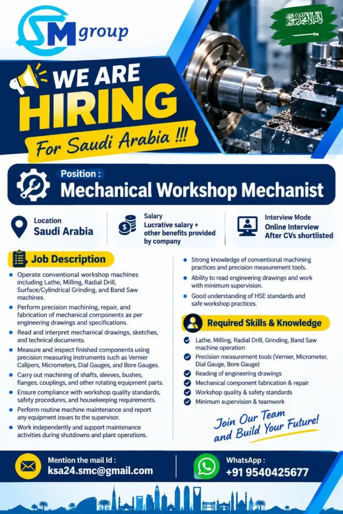 Mechanical Workshop Mechanist job in Saudi Arabia with SM Group