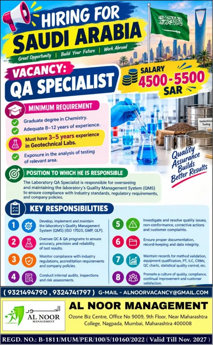 QA Specialist job vacancy in Saudi Arabia for geotechnical laboratory