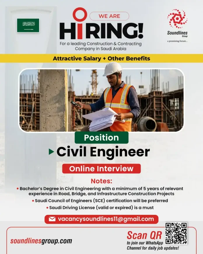 Civil Engineer Jobs in Saudi Arabia – Soundlines Group hiring for road, bridge and infrastructure projects.