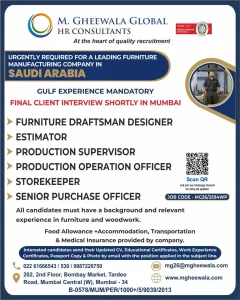 Furniture manufacturing jobs in Saudi Arabia – M. Gheewala Global HR Consultants hiring for furniture company