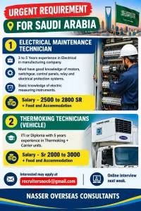 Electrical Maintenance Technician and Thermoking Technician job vacancy in Saudi Arabia