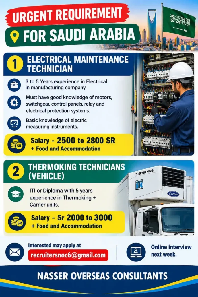 Electrical Maintenance Technician and Thermoking Technician job vacancy in Saudi Arabia