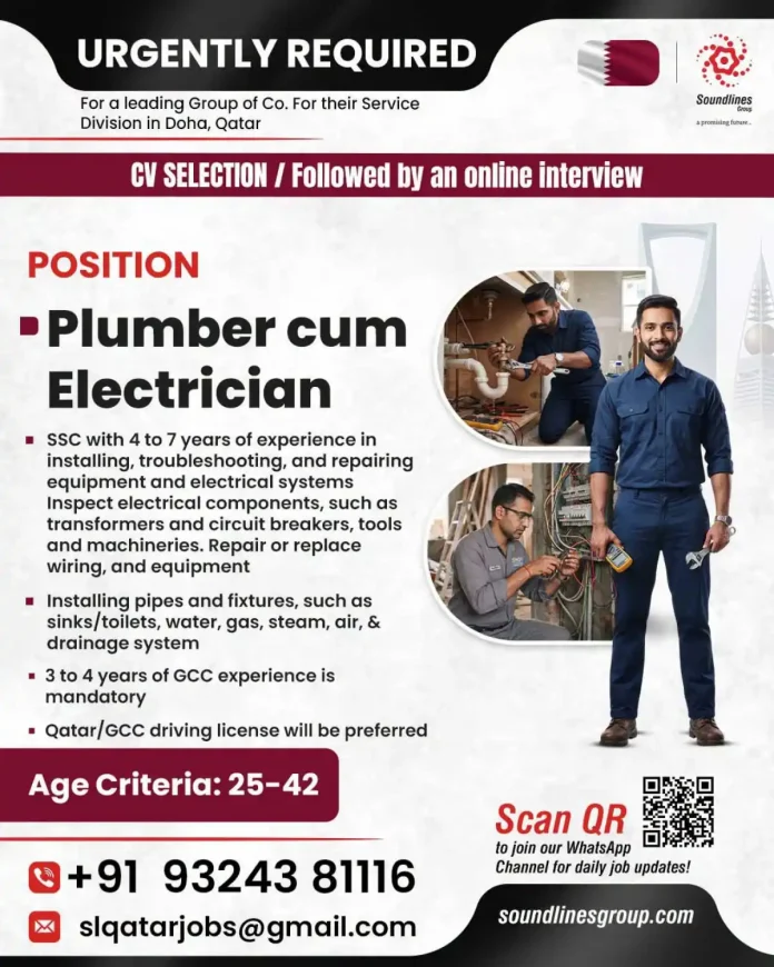 Plumber cum Electrician job vacancy in Doha Qatar - Soundlines Group