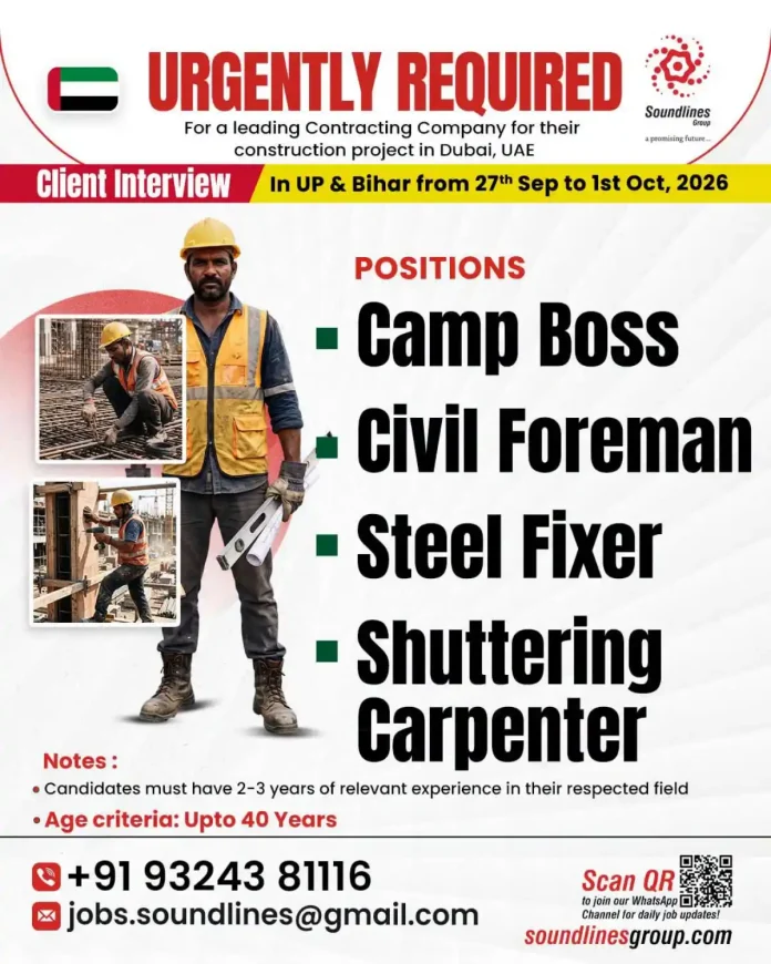 Soundlines Group Dubai Construction Jobs 2026 - Camp Boss, Civil Foreman, Steel Fixer, Shuttering Carpenter