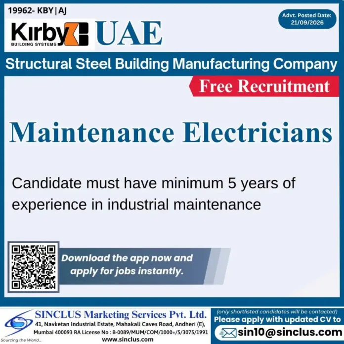 Maintenance Electrician job recruitment for structural steel building manufacturing company