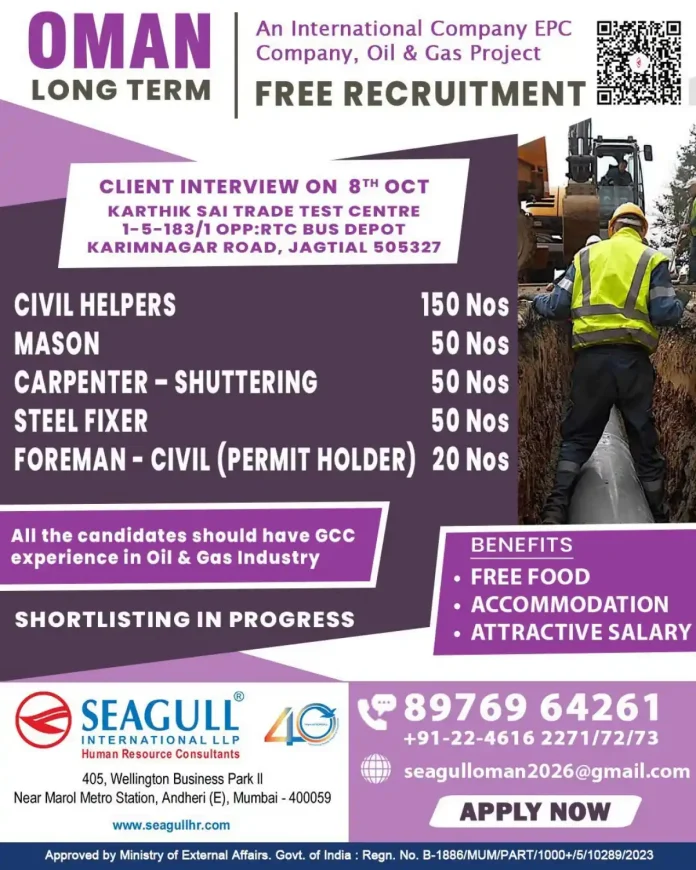 Oman Oil & Gas EPC Project Jobs – Civil Helpers, Mason, Steel Fixer, Carpenter Shuttering, Foreman Civil