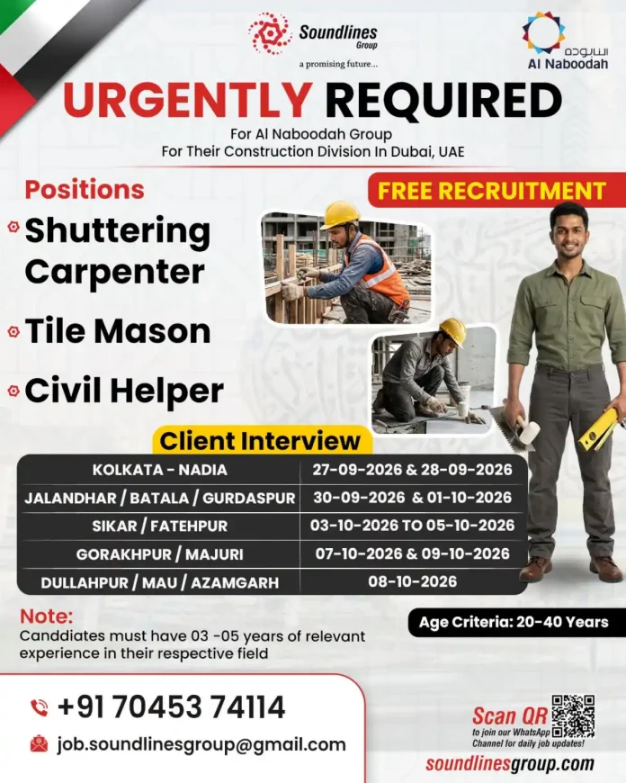 Al Naboodah Group jobs Dubai – Shuttering Carpenter, Tile Mason and Civil Helper recruitment by Soundlines Group