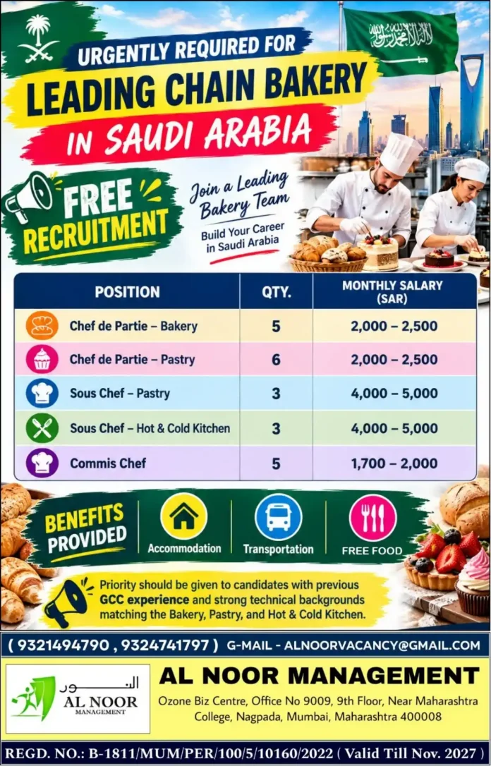 Bakery team jobs in Saudi Arabia free recruitment by Al Noor Management