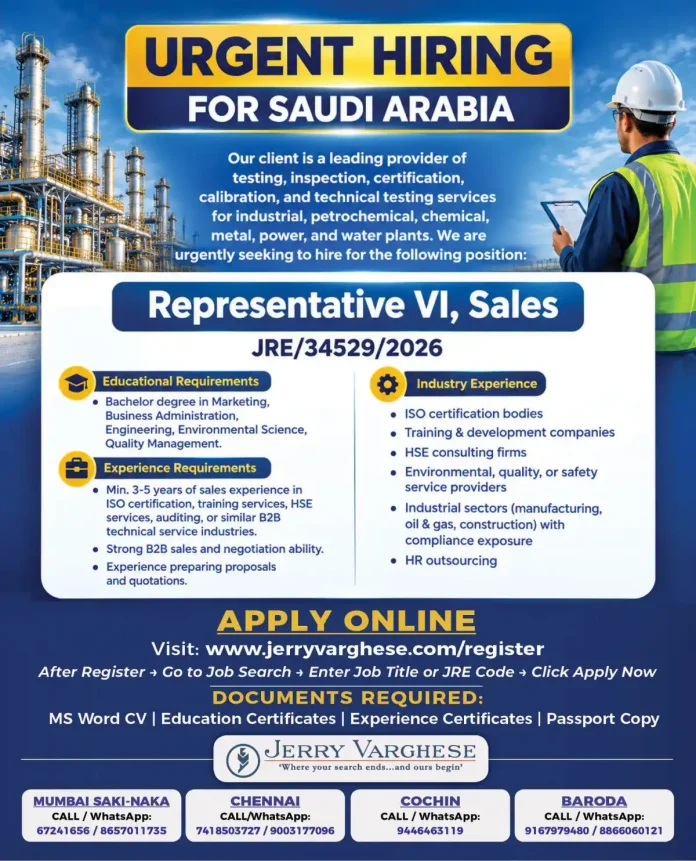 Representative VI Sales Job in Saudi Arabia – Jerry Varghese