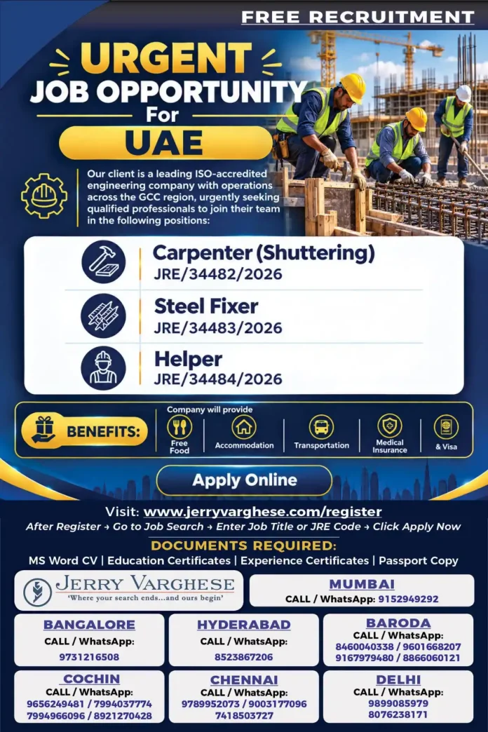 Urgent UAE job opportunity for Carpenter, Steel Fixer, and Helper free recruitment