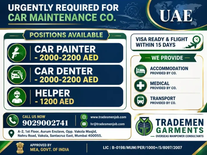Car Painter, Car Denter and Helper jobs in UAE with visa, flight, accommodation, medical and transport