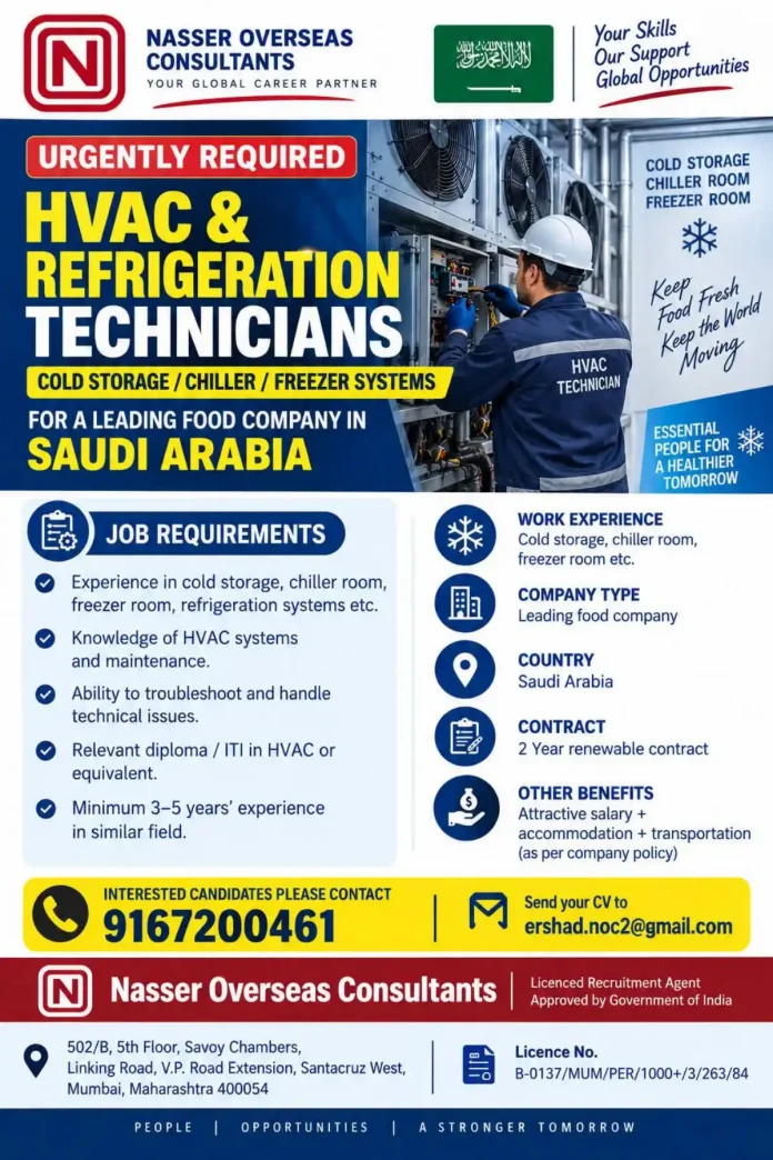 HVAC and Refrigeration Technician Job in Saudi Arabia - Cold Storage Chiller Freezer Maintenance