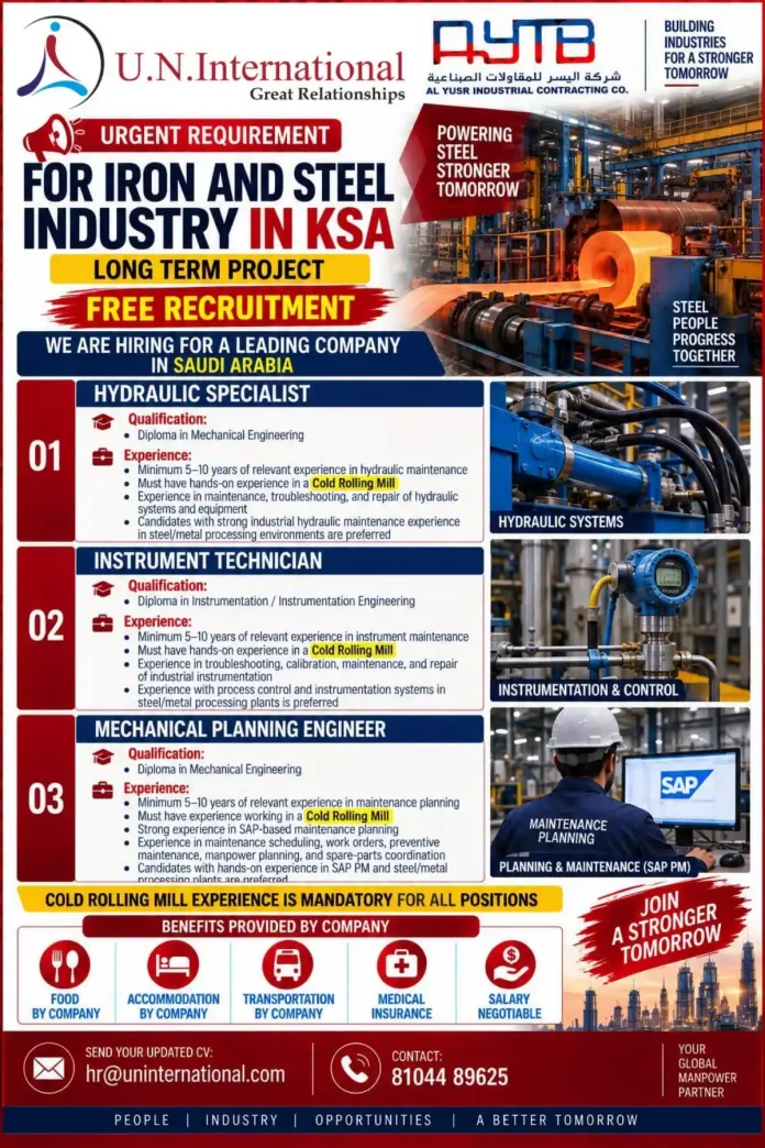 Urgent hiring for steel industry jobs in Saudi Arabia – Hydraulic Specialist, Instrument Technician, Mechanical Planning Engineer