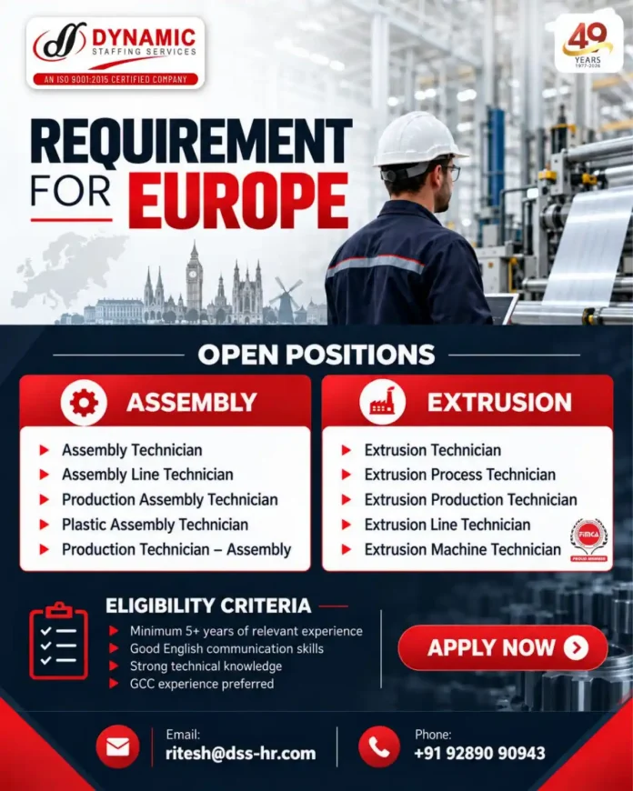 Dynamic Staffing Services hiring Assembly and Extrusion Technicians for Europe