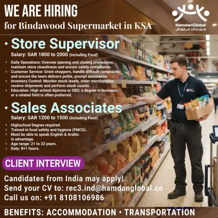 Bindawood Supermarket jobs in KSA hiring Store Supervisor and Sales Associates